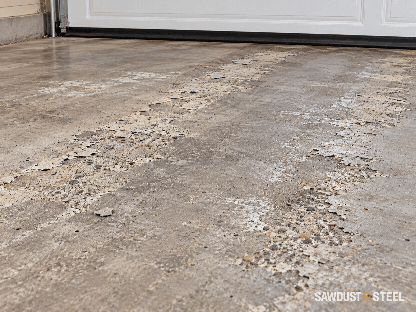 Shallow flaking and exposed aggregate along wheel-track areas of an uncoated garage concrete floor