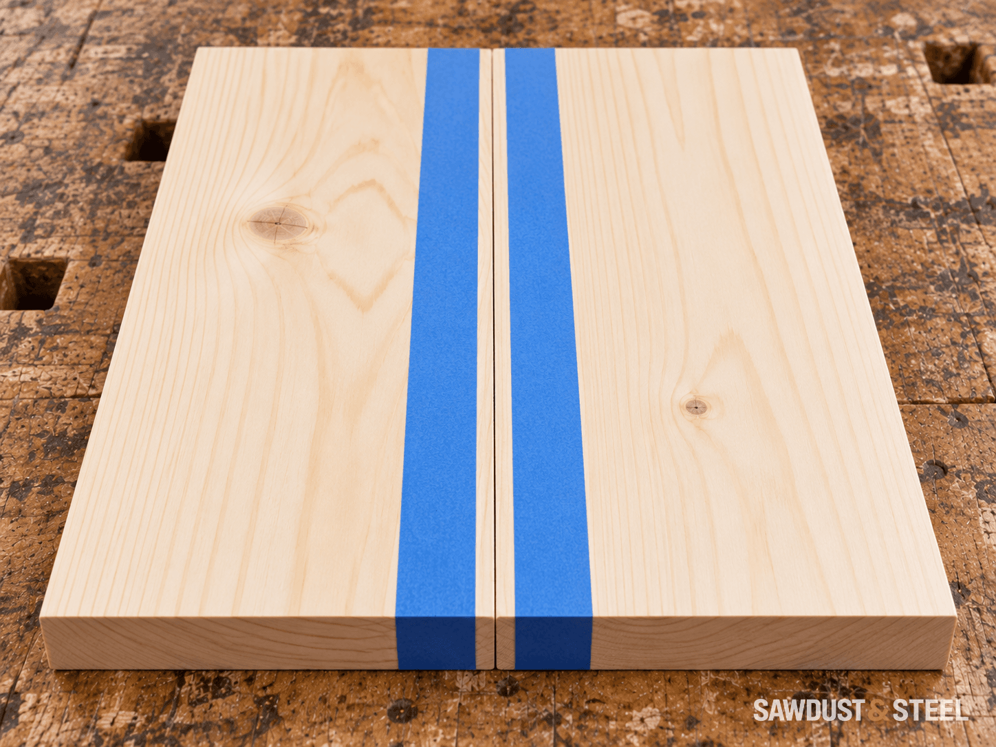 Two blue tape strips on the faces of pine boards, closely flanking a straight edge joint