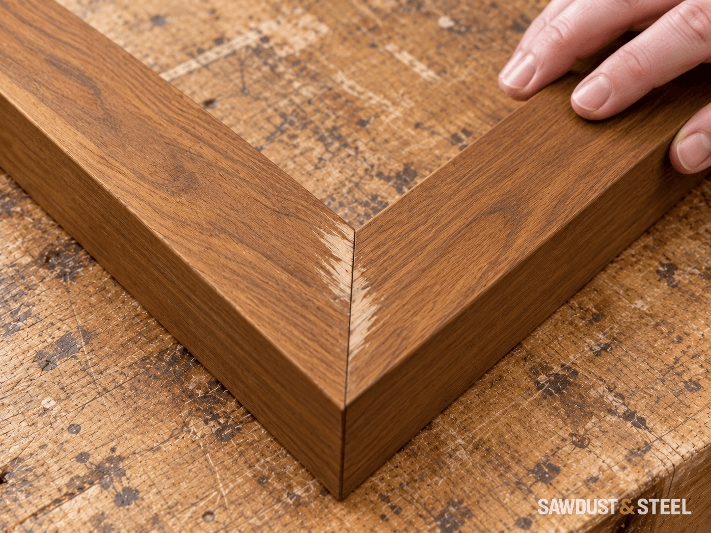Pale streaks beside the mitred joint of a brown-stained wooden frame, with grain still visible beneath them