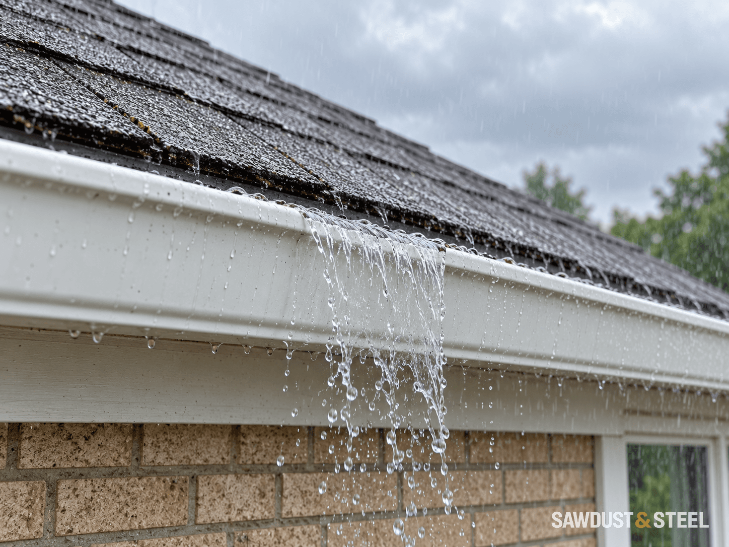 Rainwater spilling over the front lip of a straight white gutter