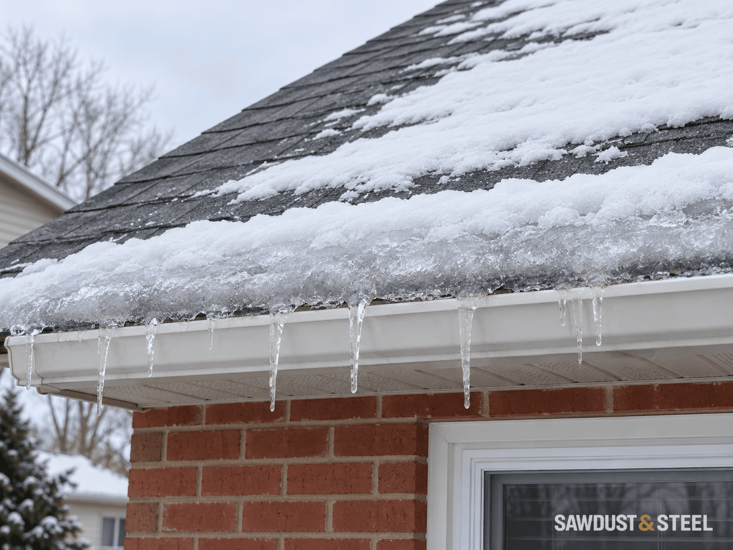 Ice and small icicles along a snowy shingle-roof eave