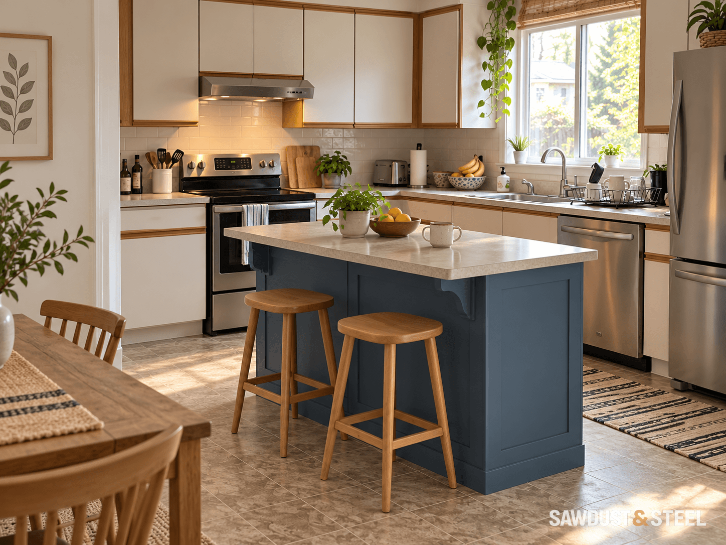 Compact blue kitchen island with a supported counter overhang and two wood stools