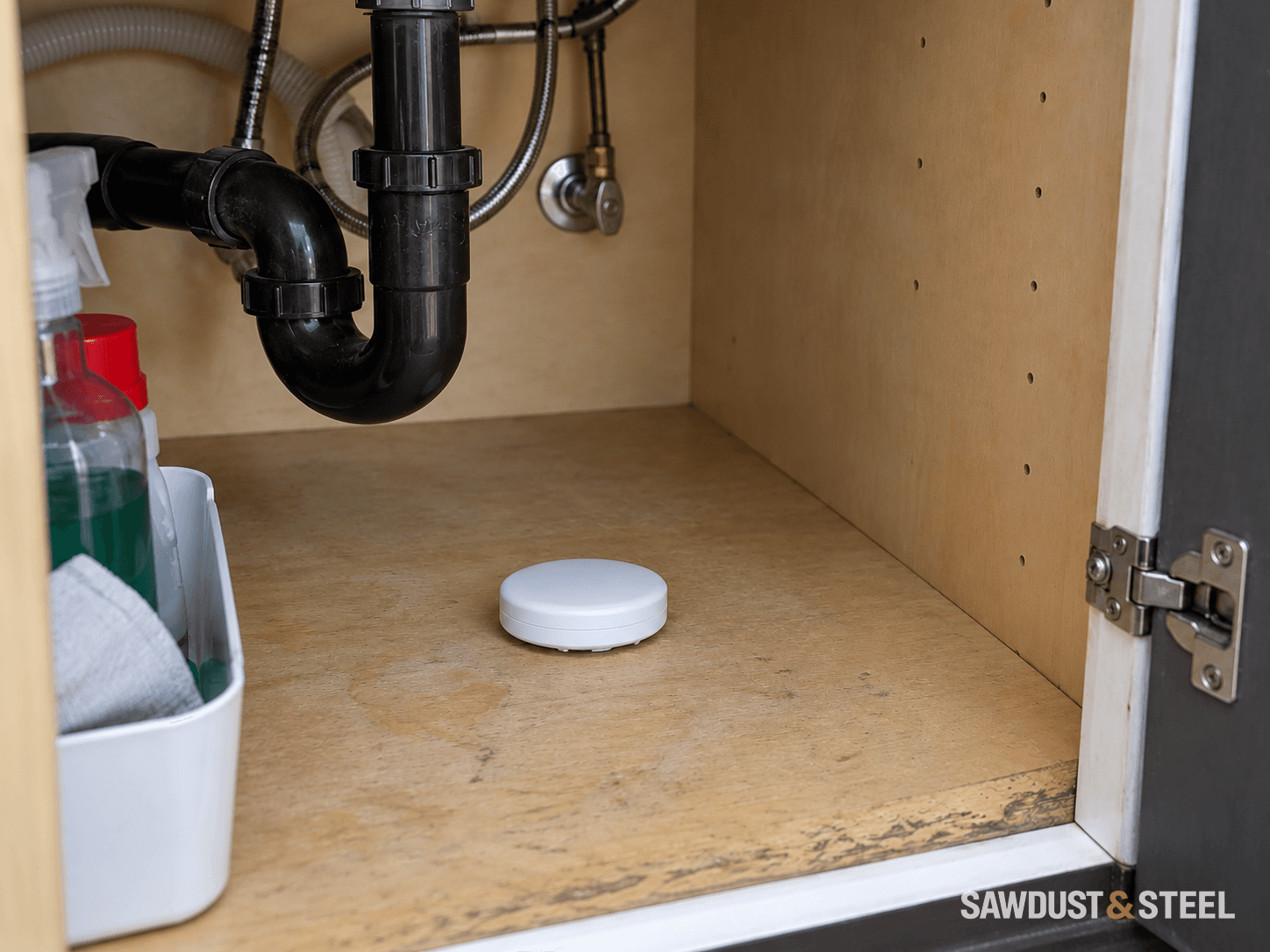 White water-leak sensor resting on a dry sink-cabinet base beneath a drain trap