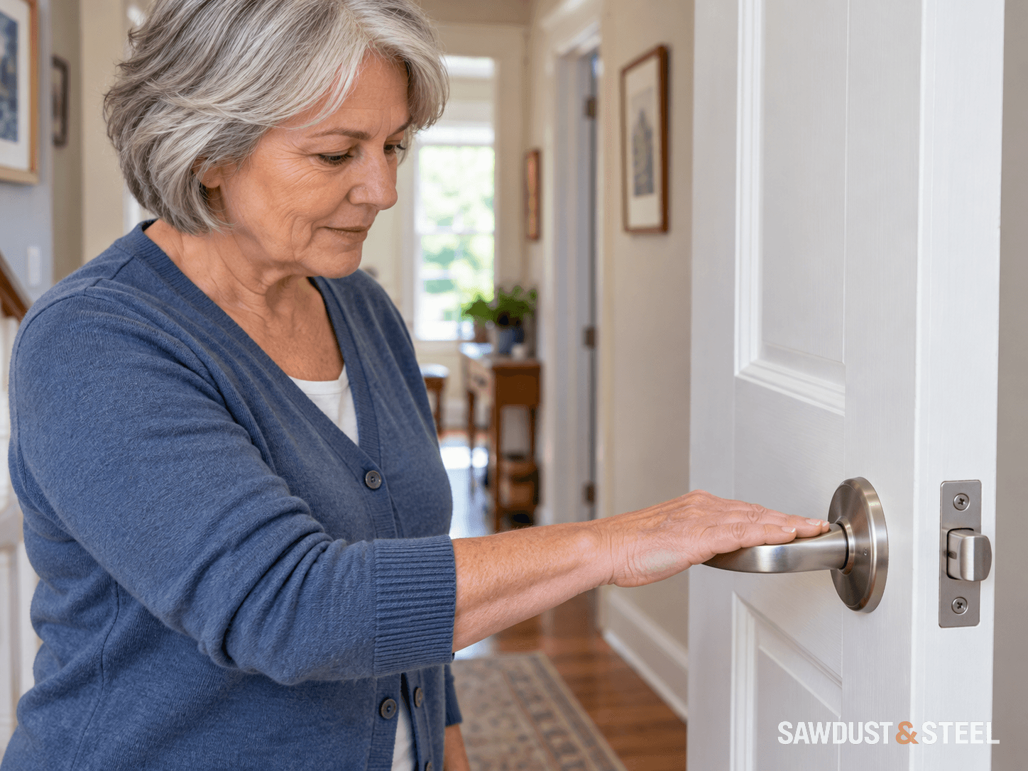 A woman resting an open hand on a satin-nickel lever while trying an interior door