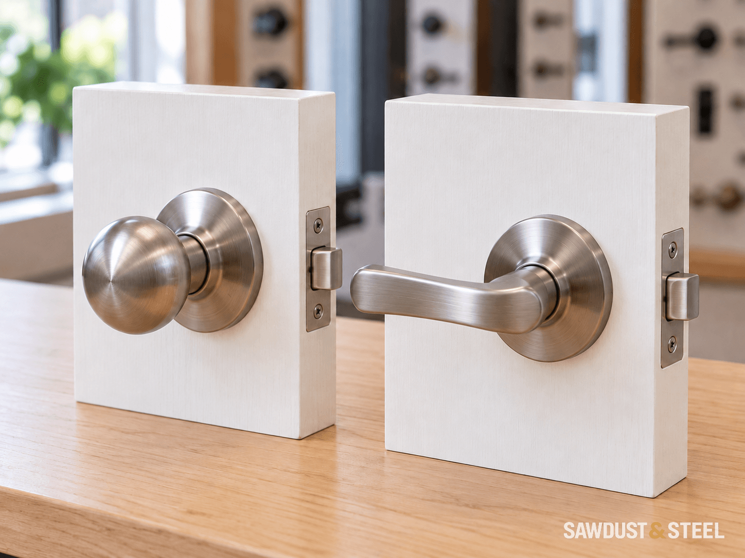 A round knob and a lever on separate white door-hardware trial blocks