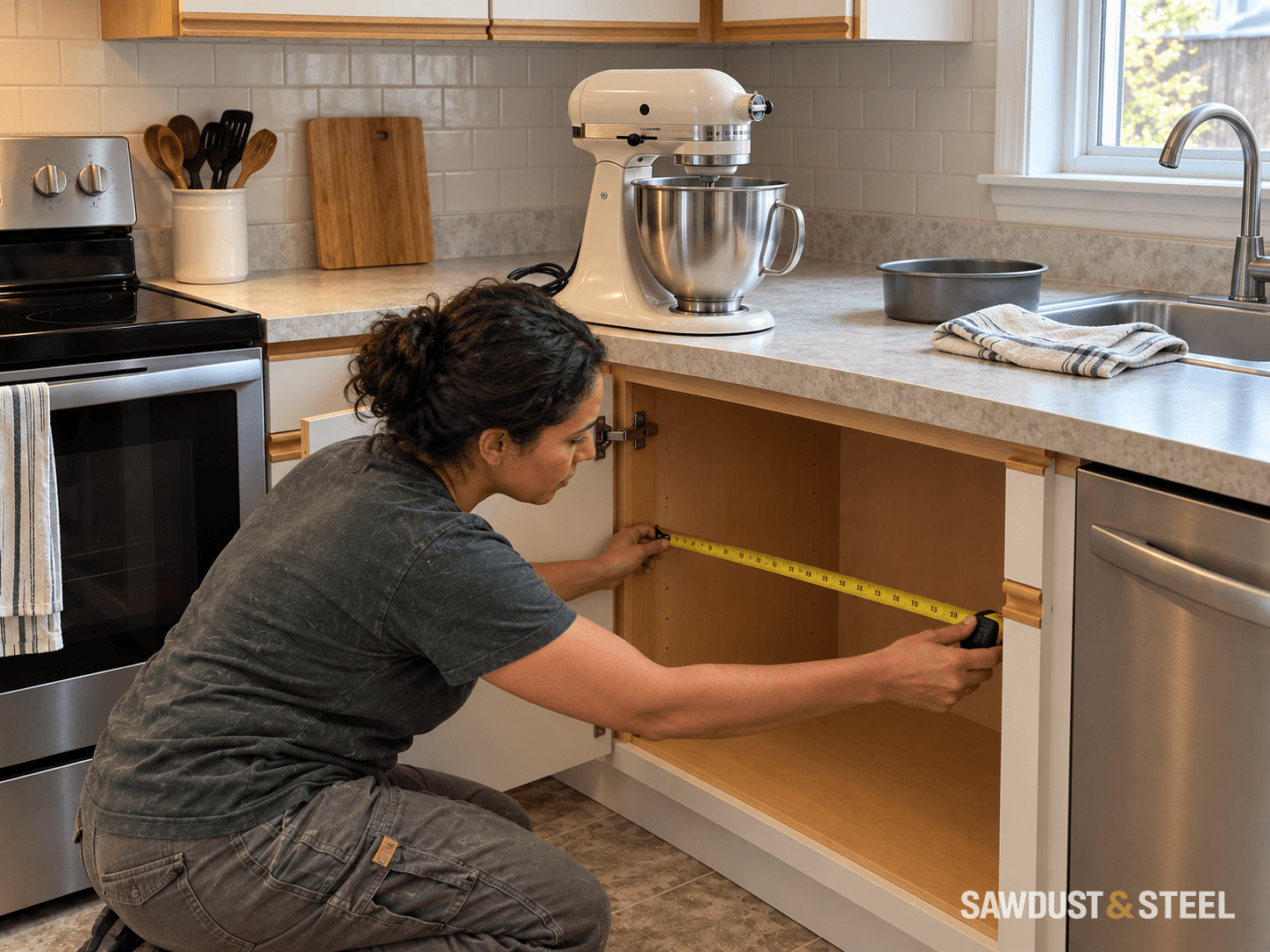 A woman measuring the clear width of an open base cabinet, with an unplugged stand mixer on the counter