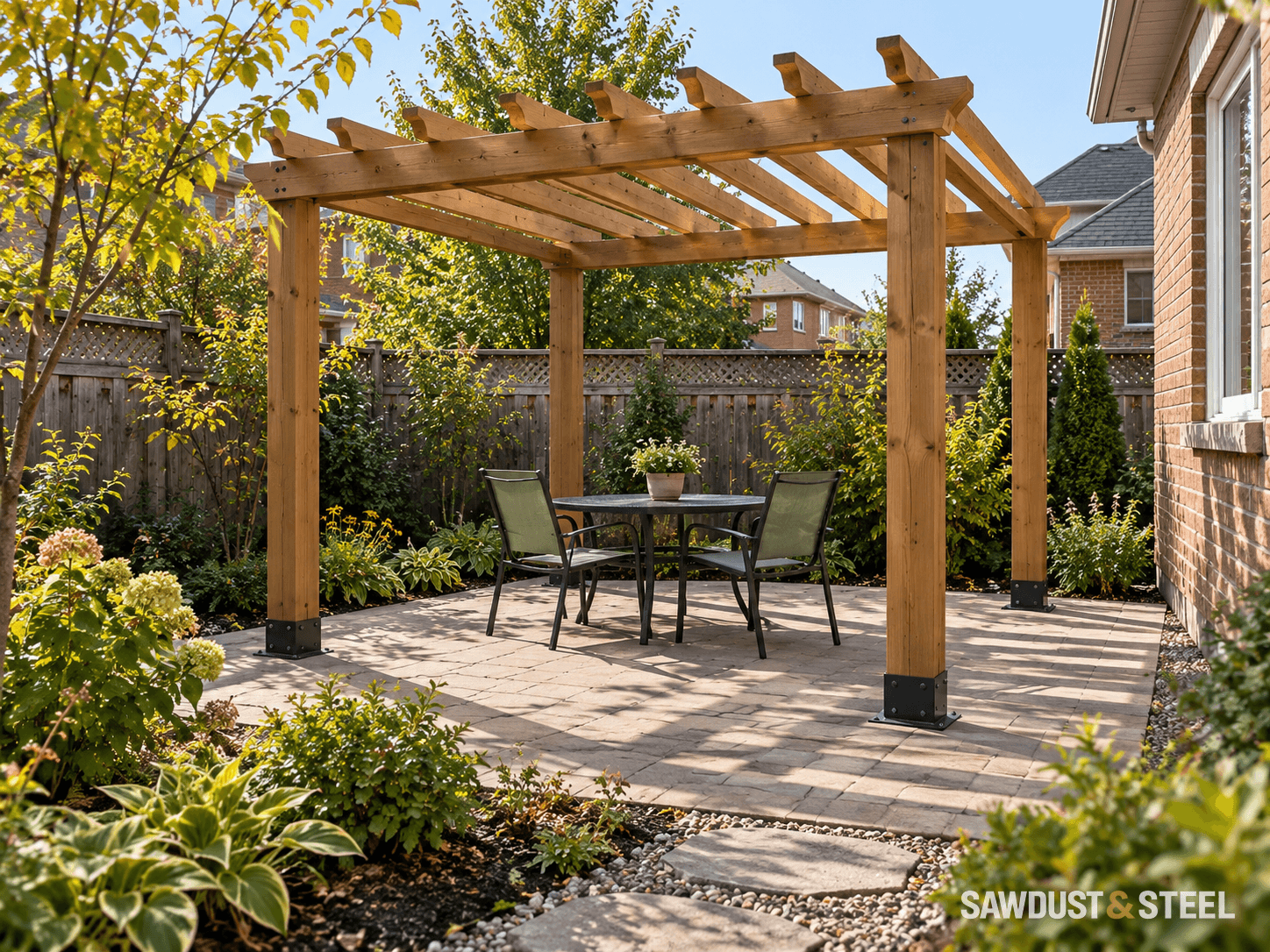 Freestanding timber pergola with open rafters above a paved patio