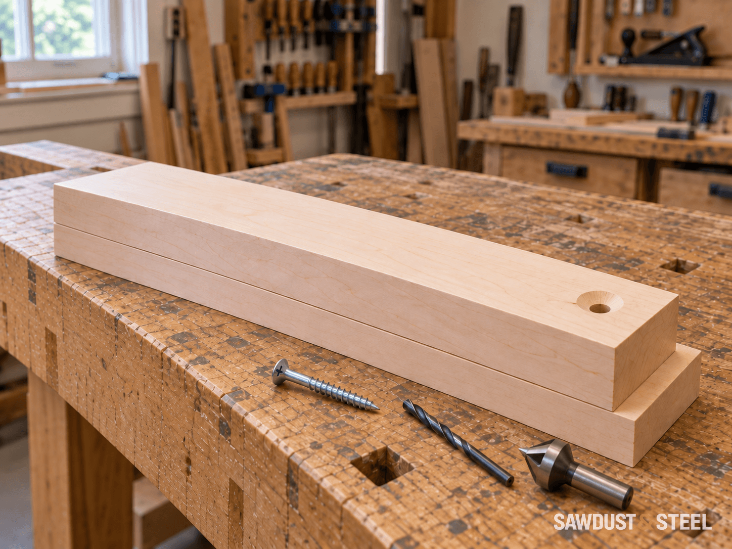 Two wood offcuts beside a screw, twist bit and countersink, with a countersunk opening in the upper piece