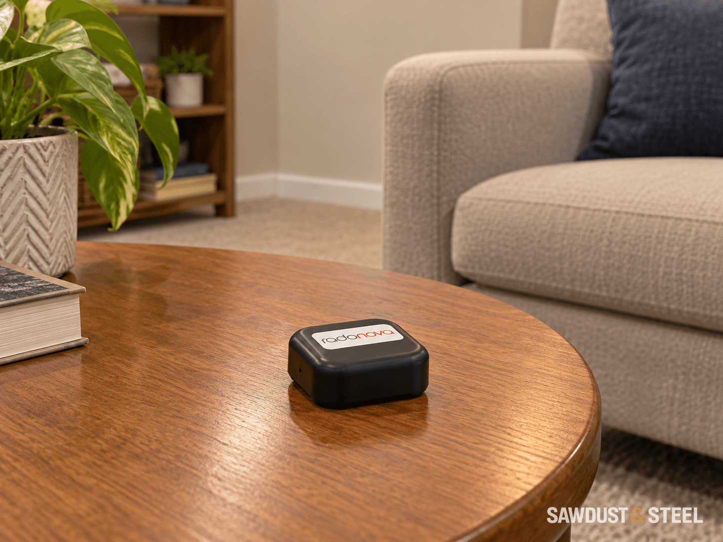 Small black passive radon detector on an unobstructed side table in a sitting room