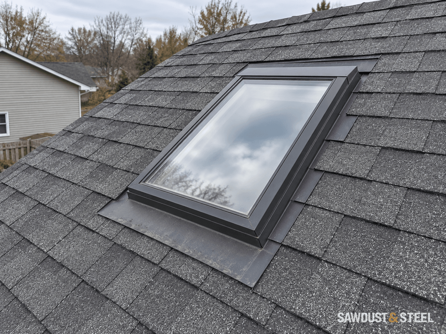 A rectangular glazed skylight and metal flashing in a grey shingle roof