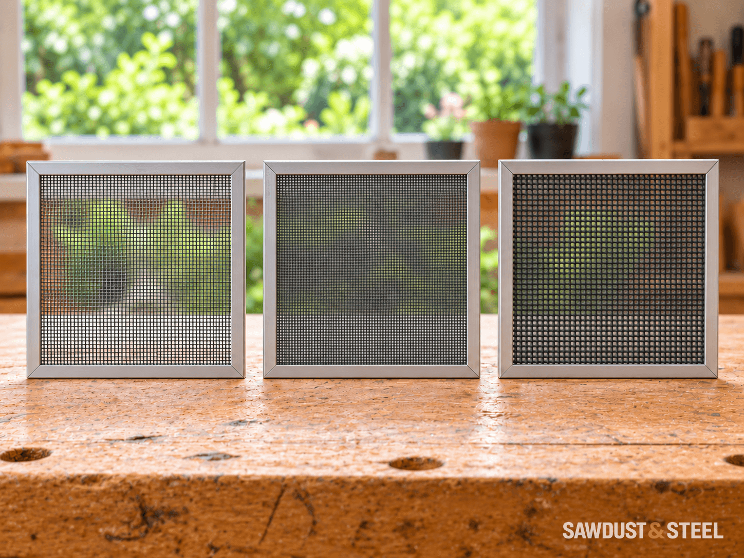 Three small aluminium frames holding fine, denser and thicker-strand charcoal screen mesh