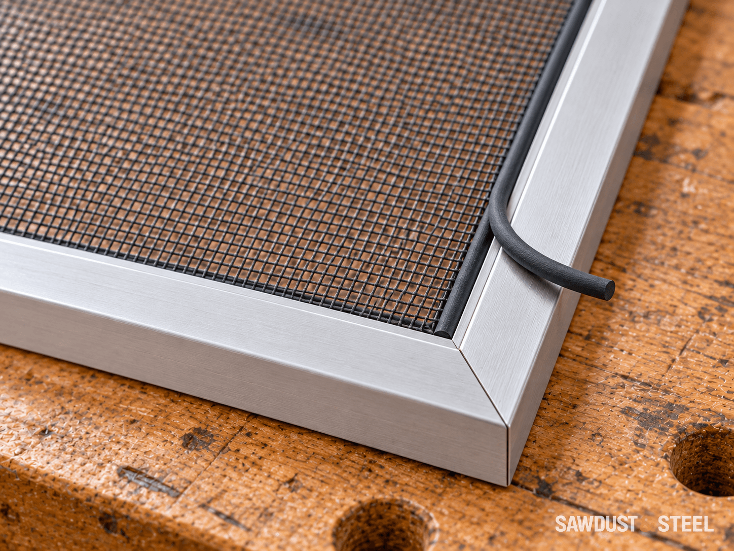 A fine-mesh screen corner with rubber retaining cord in its groove and a loose spline piece beside it