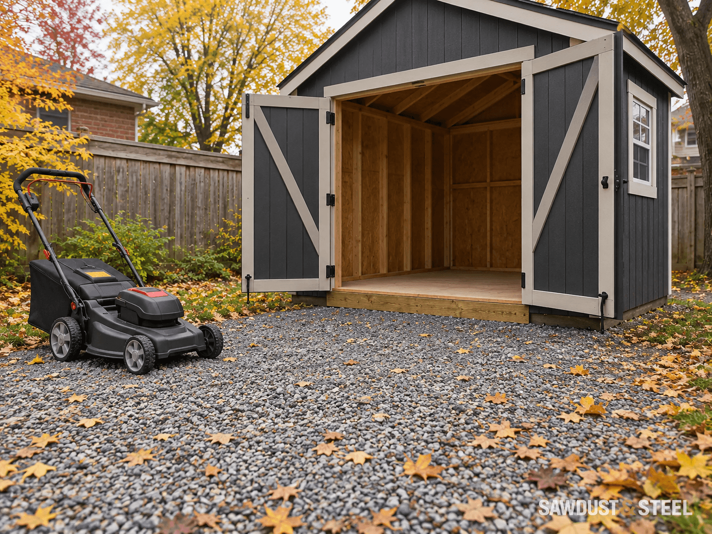 An open double-door garden shed with a raised threshold and a stationary mower on the clear gravel approach