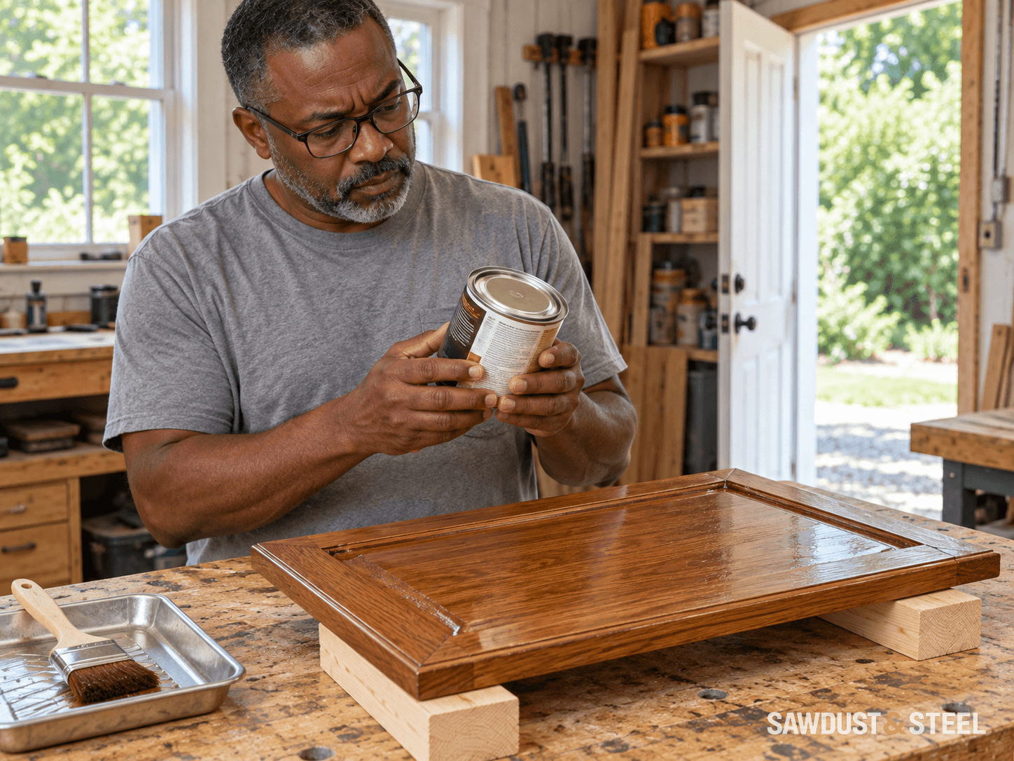 A man reading a finish can beside a freshly coated oak cabinet door supported on blocks