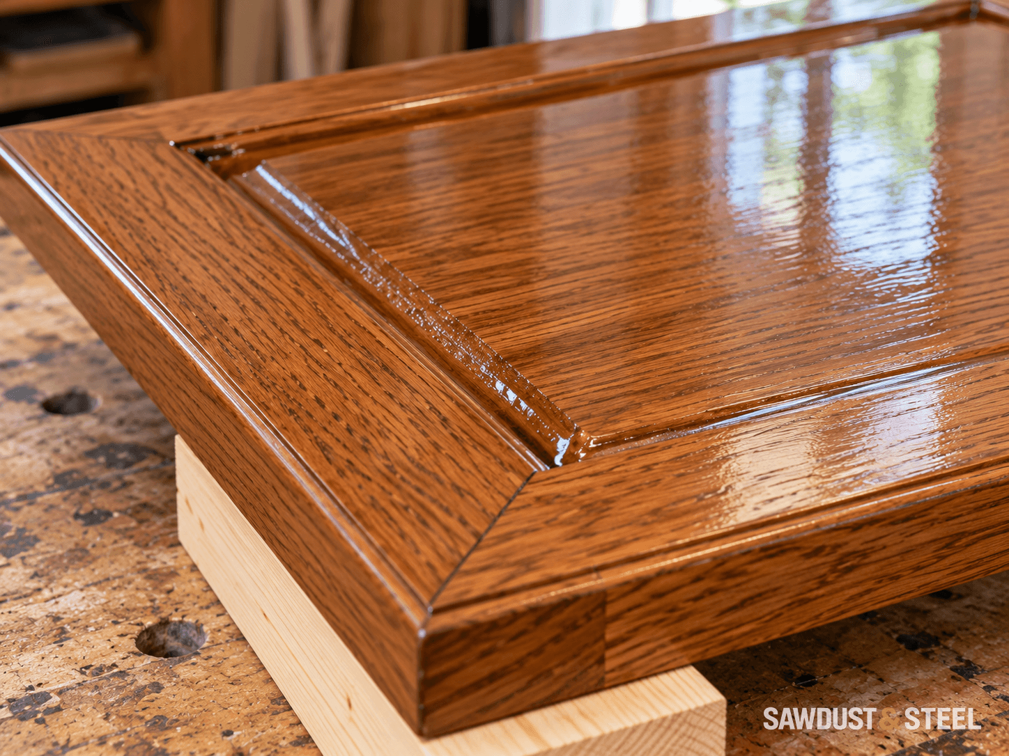 Glossy brown coating collected along the recessed corner of an oak cabinet door