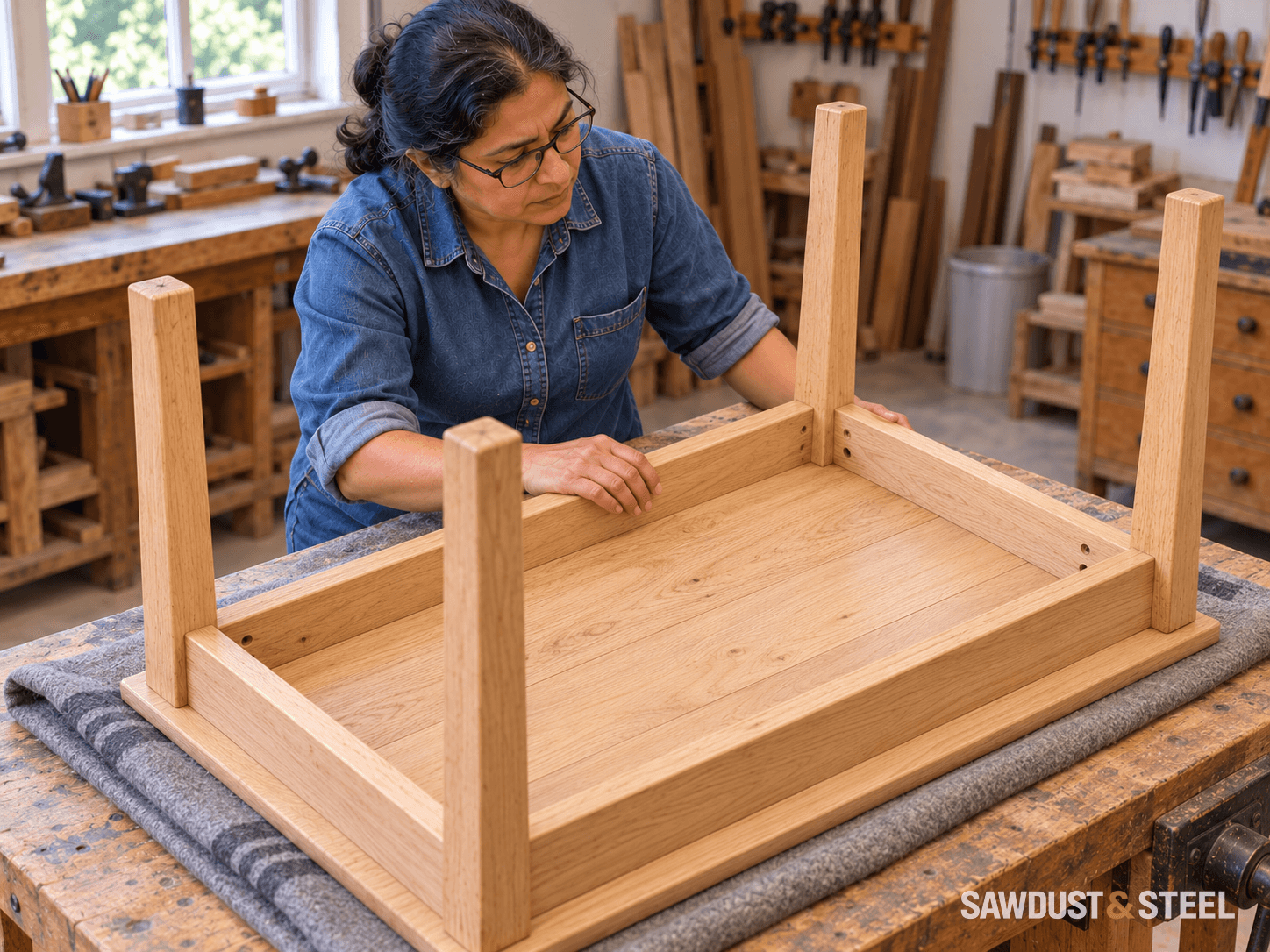 A carpenter examining the apron and underside of an oak table resting upside down on a padded bench