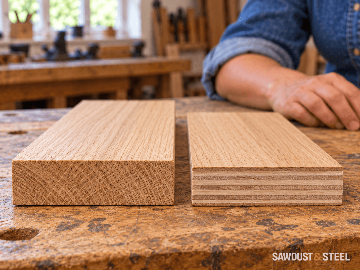 A solid wood offcut beside veneered plywood, with the end grain and layered edges facing the camera