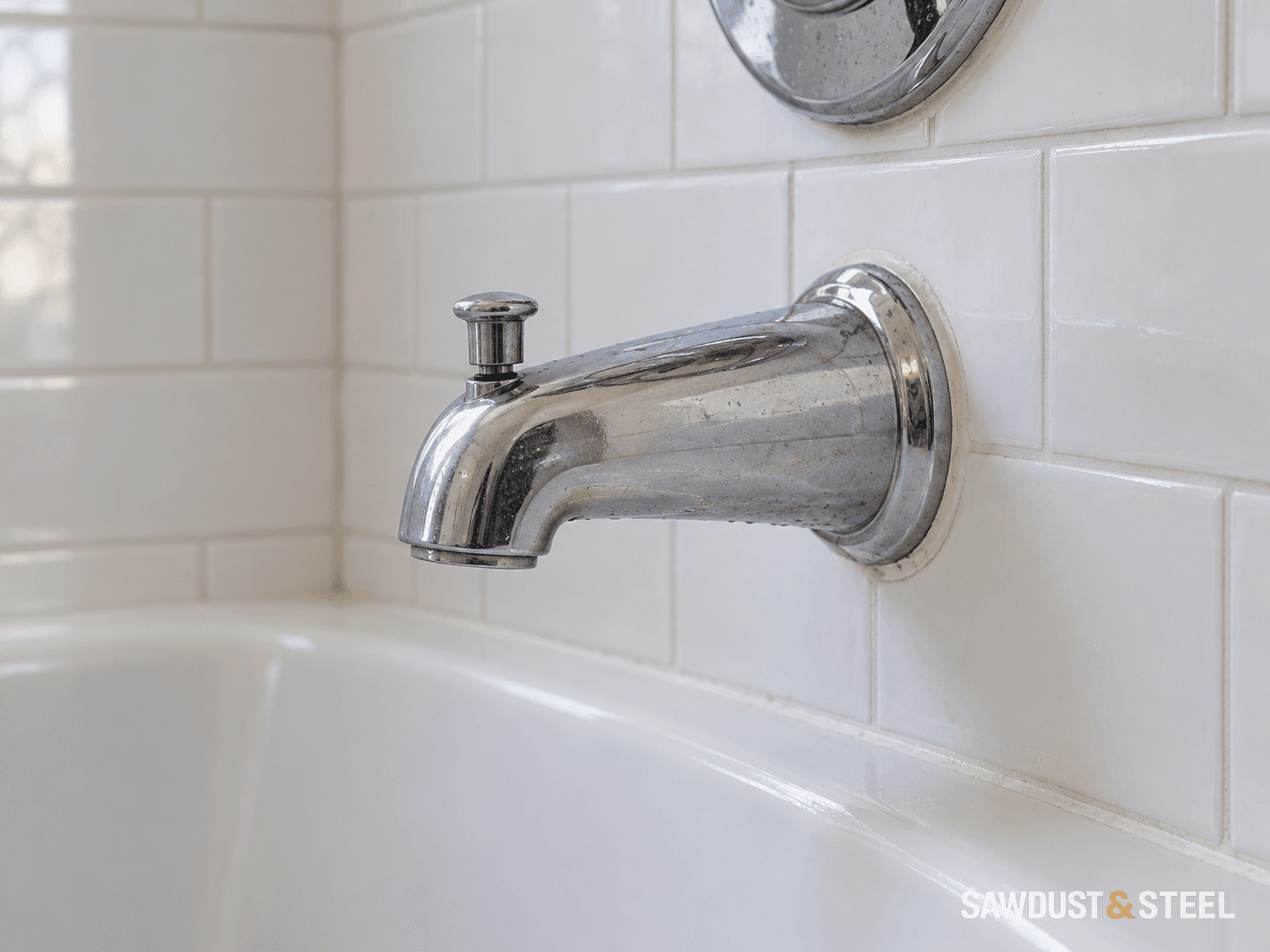 Chrome bathtub spout with a pull-up diverter above a white tub