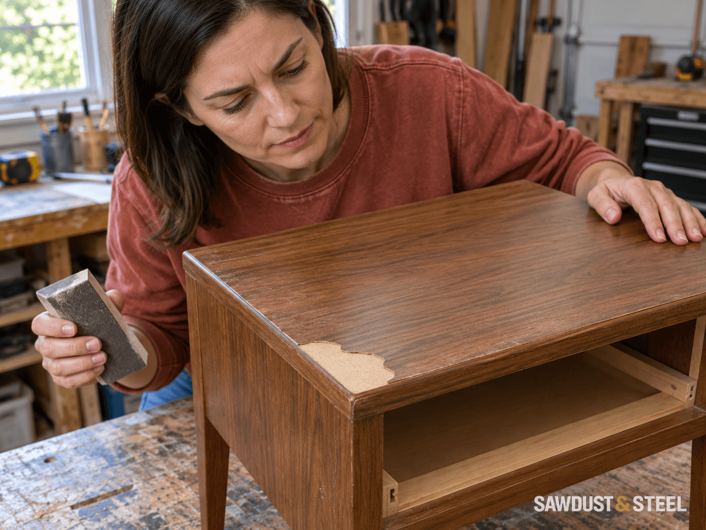 A woman inspecting a pale patch of missing walnut veneer on a small bedside table