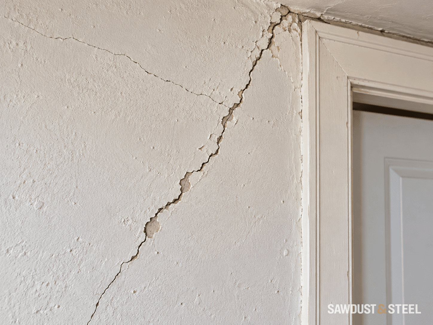 Diagonal crack and flaking paint beside the upper corner of a doorway