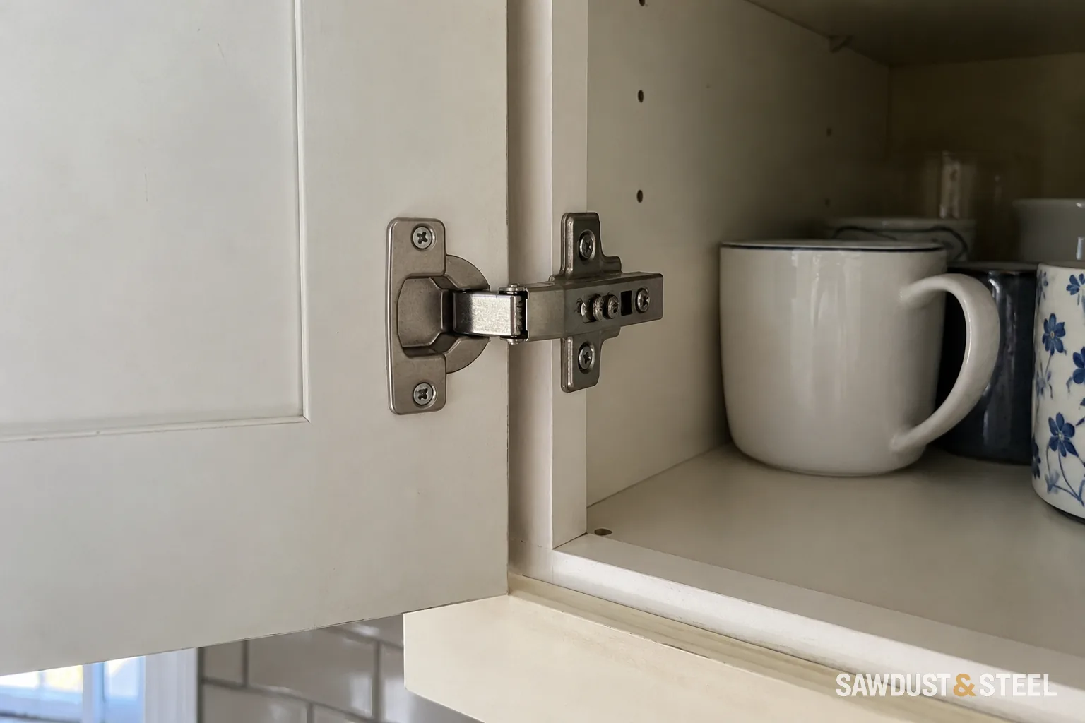 Concealed cabinet hinge on an open painted cupboard door.