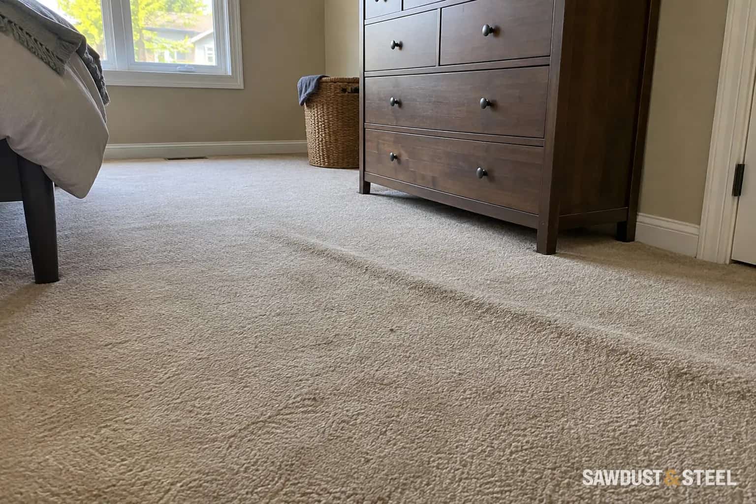 Shallow ripple across beige wall-to-wall bedroom carpet