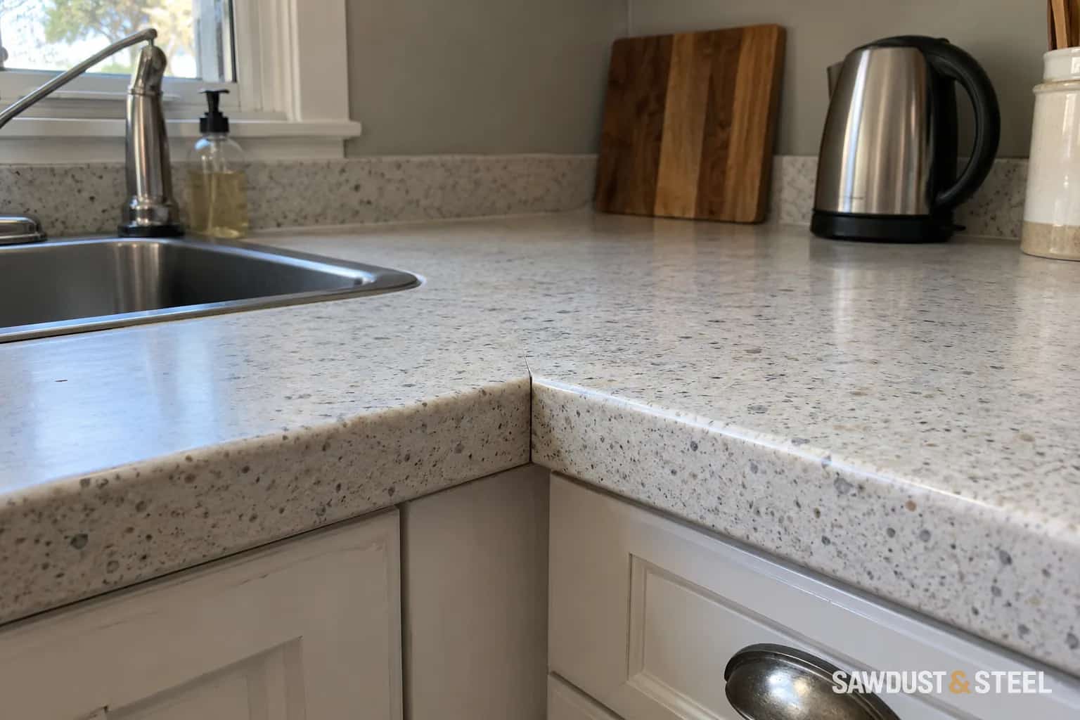 Diagonal joint seam in a light speckled laminate kitchen countertop