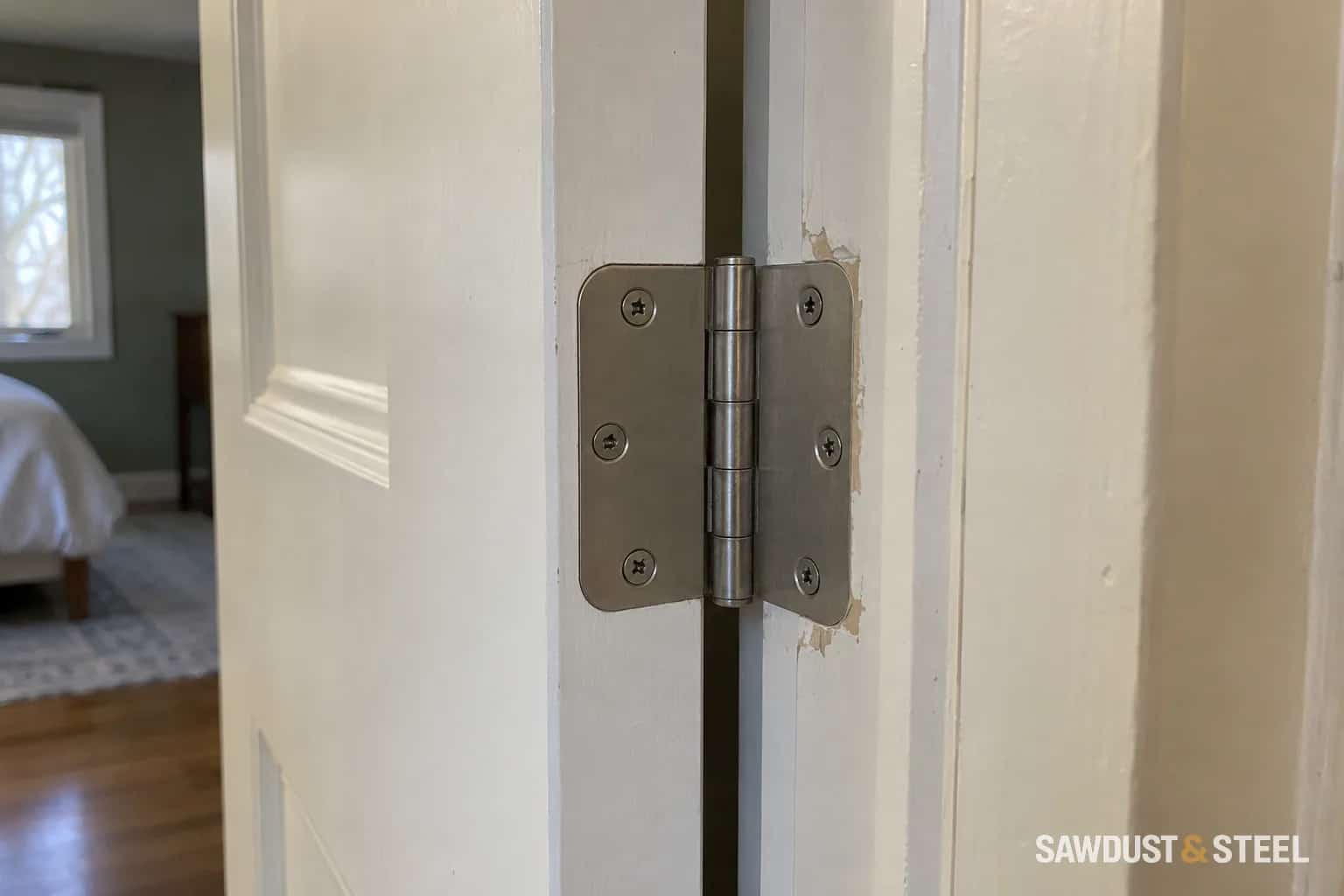 Interior door hinge recessed into the door and jamb