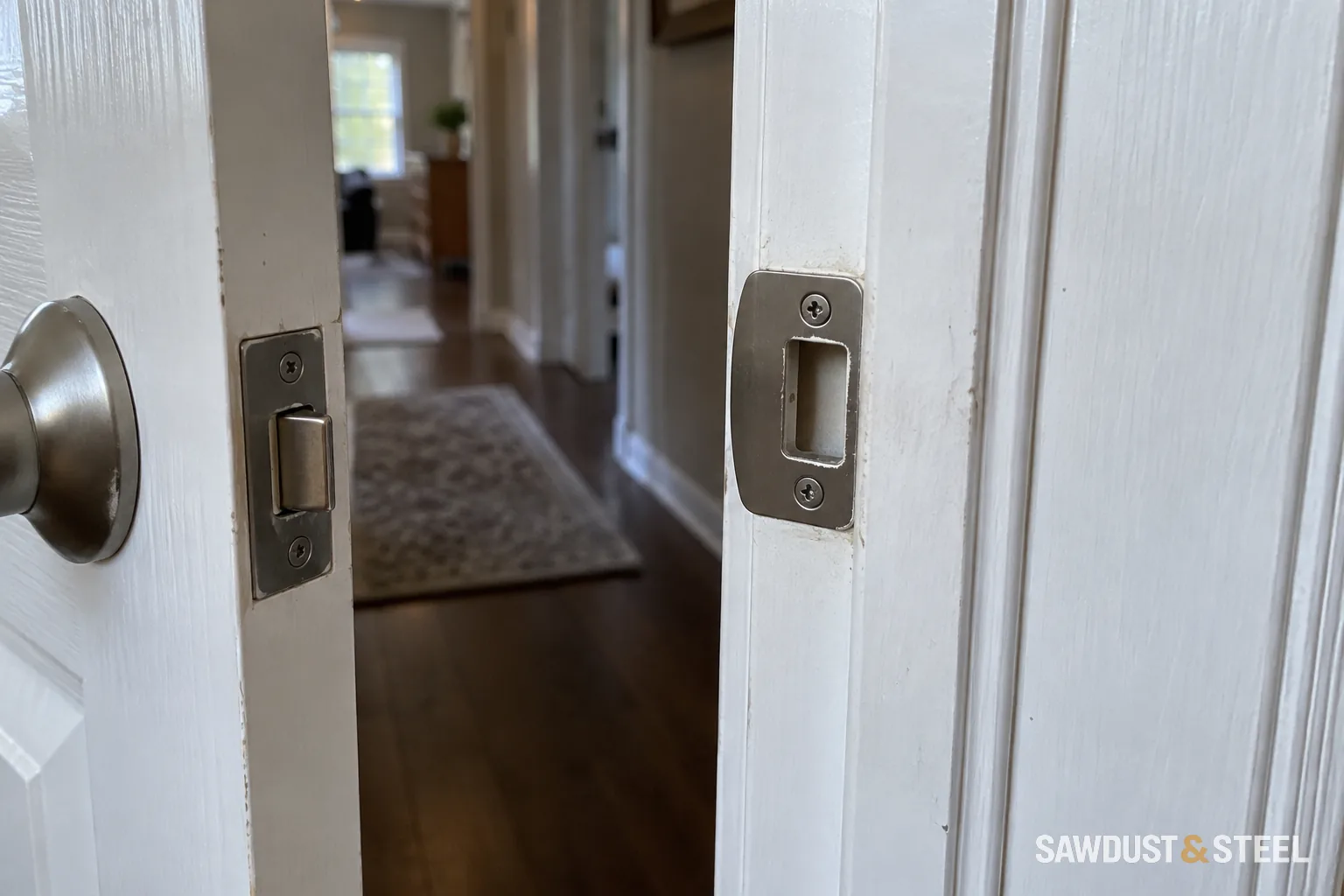 Latch, round knob rose and strike plate on an open painted door.