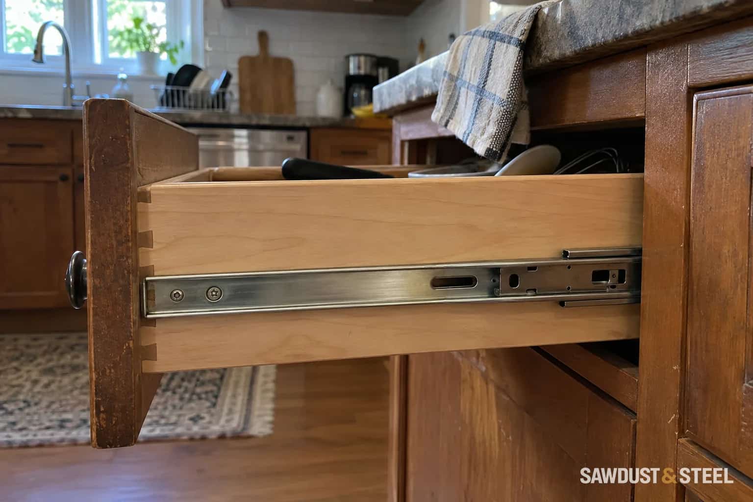 Side-mount drawer slide on a partly open wooden kitchen drawer