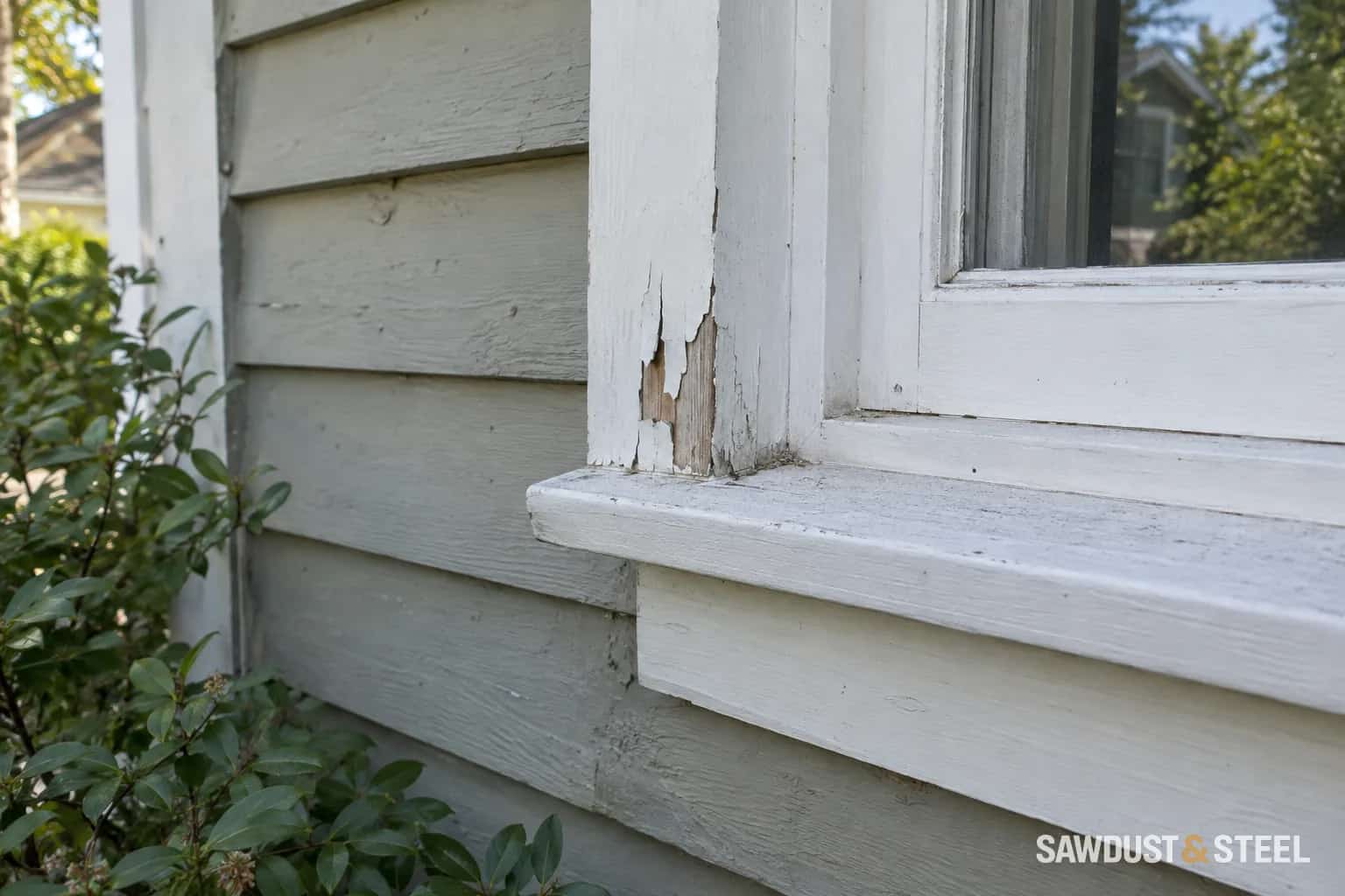 Peeling white paint exposing wood at the lower corner of exterior window casing