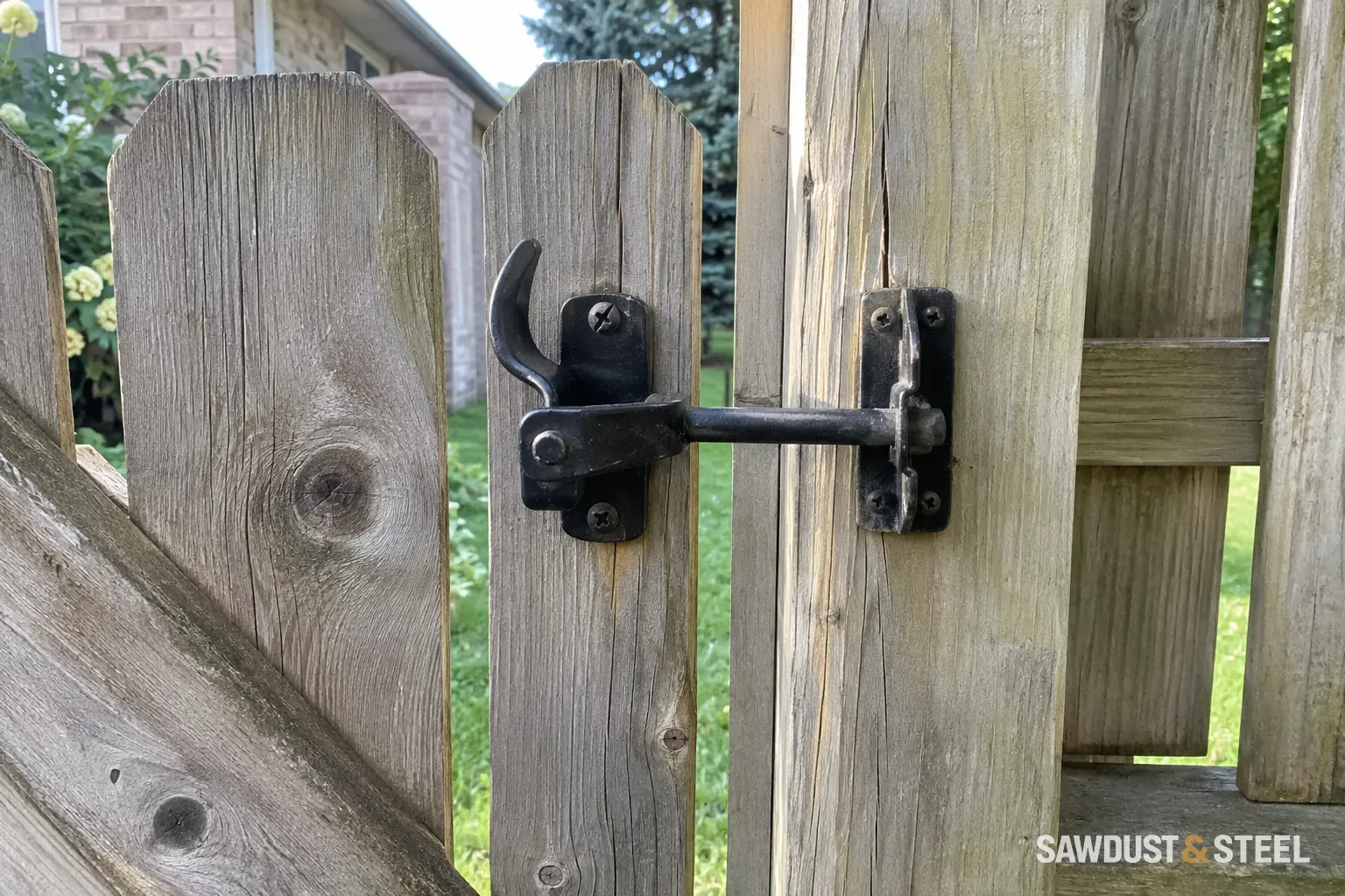 Weathered timber gate with a black metal latch beside a garden fence.