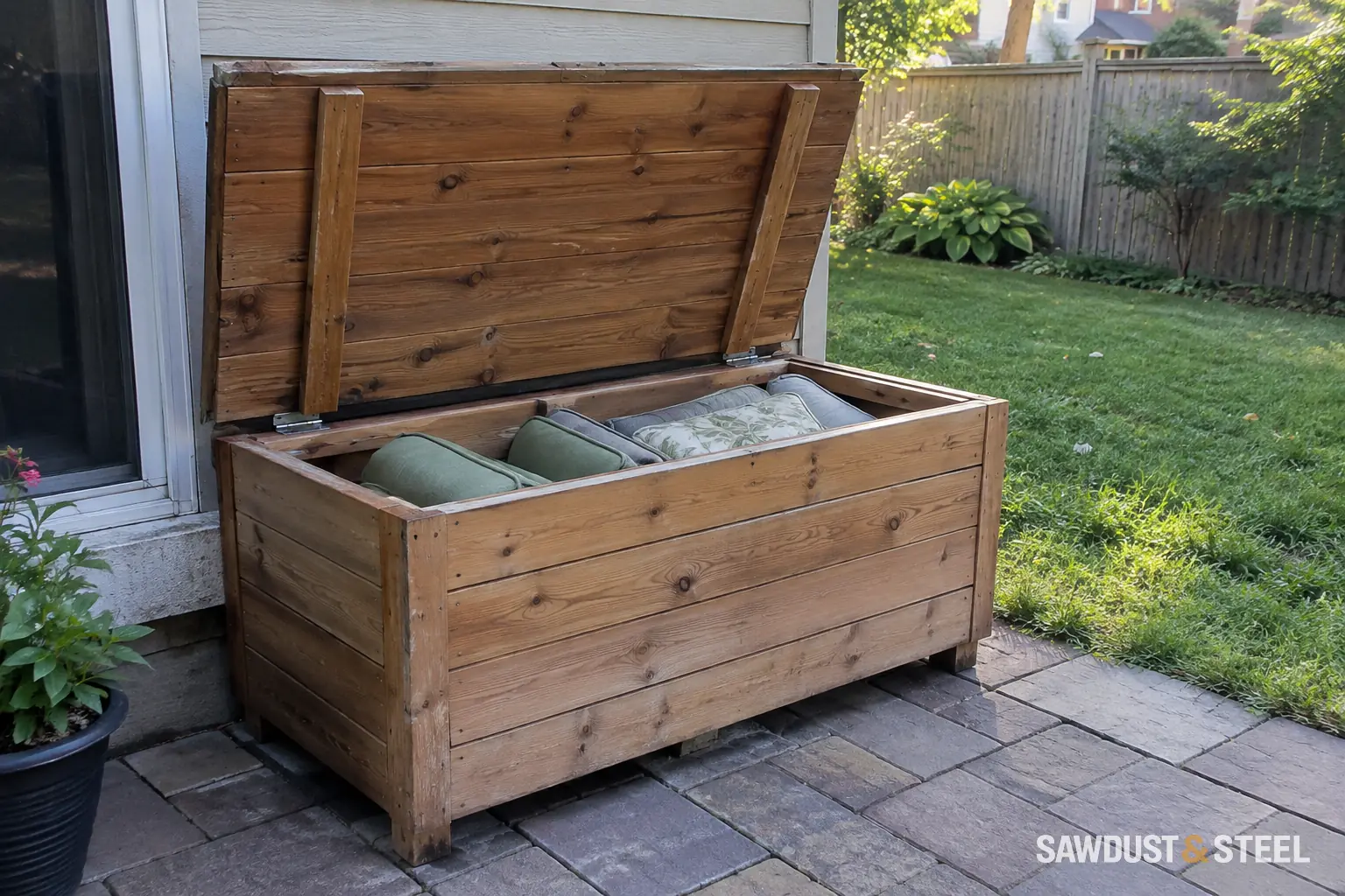 Open wooden outdoor storage box with cushions inside