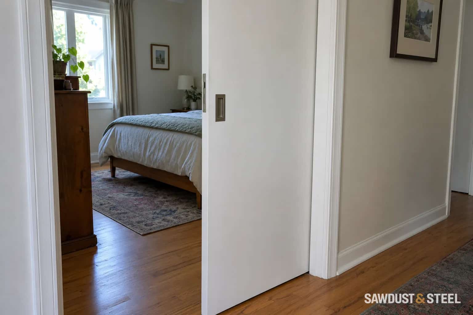White pocket door partly open at a bedroom doorway