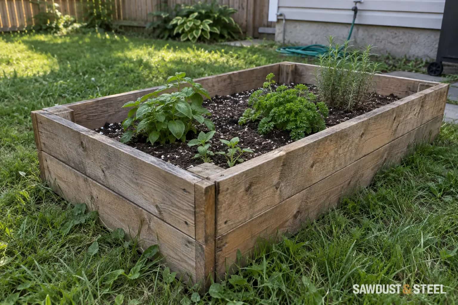Low rectangular wooden raised garden bed with herbs growing in soil