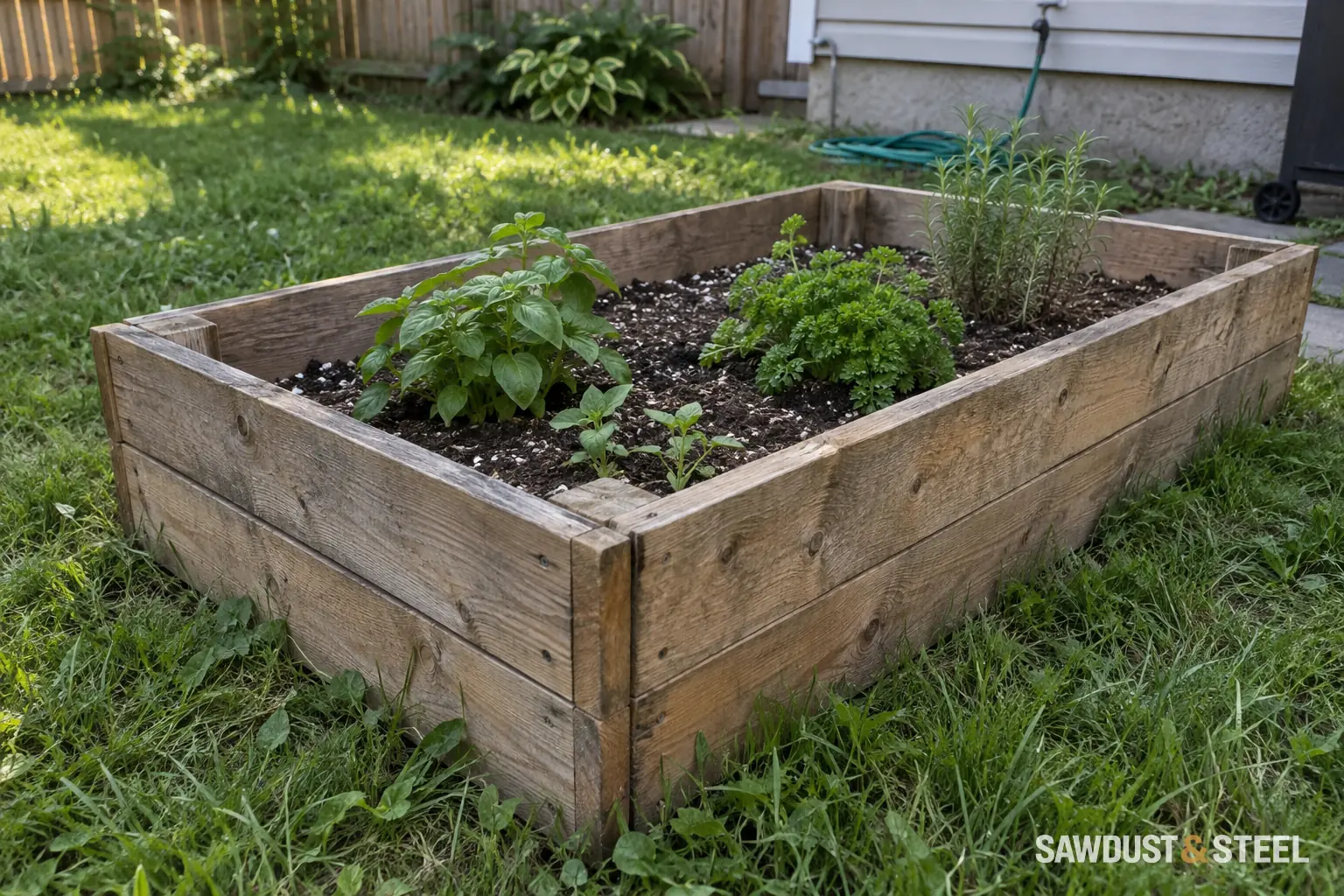 Low rectangular wooden raised garden bed with herbs growing in soil