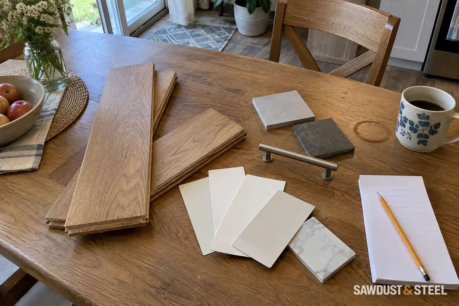Wood flooring, tile and paint samples laid out on a wooden dining table.