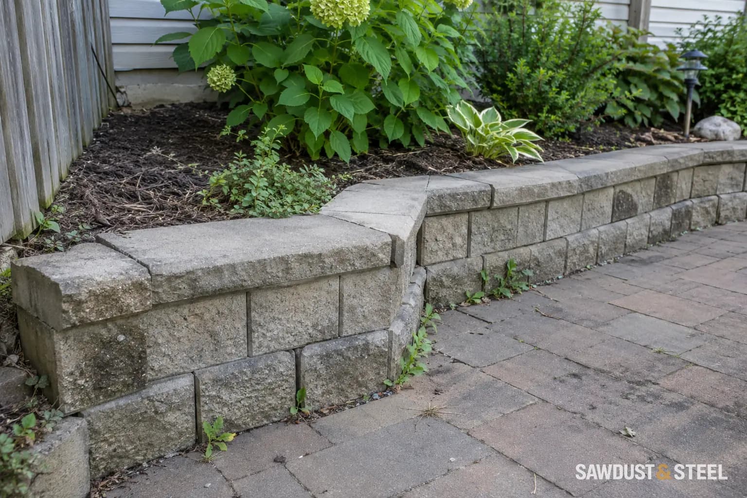Low concrete-block garden retaining wall beside paving and a planted bed