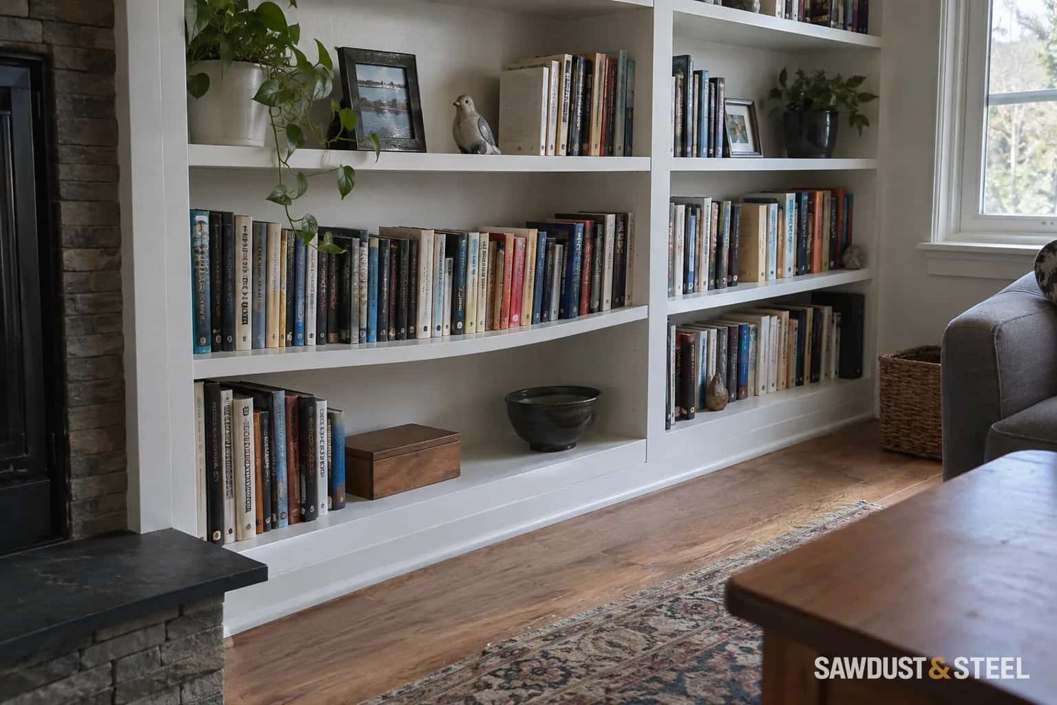 White built-in bookcase with a loaded shelf bowing between its supports