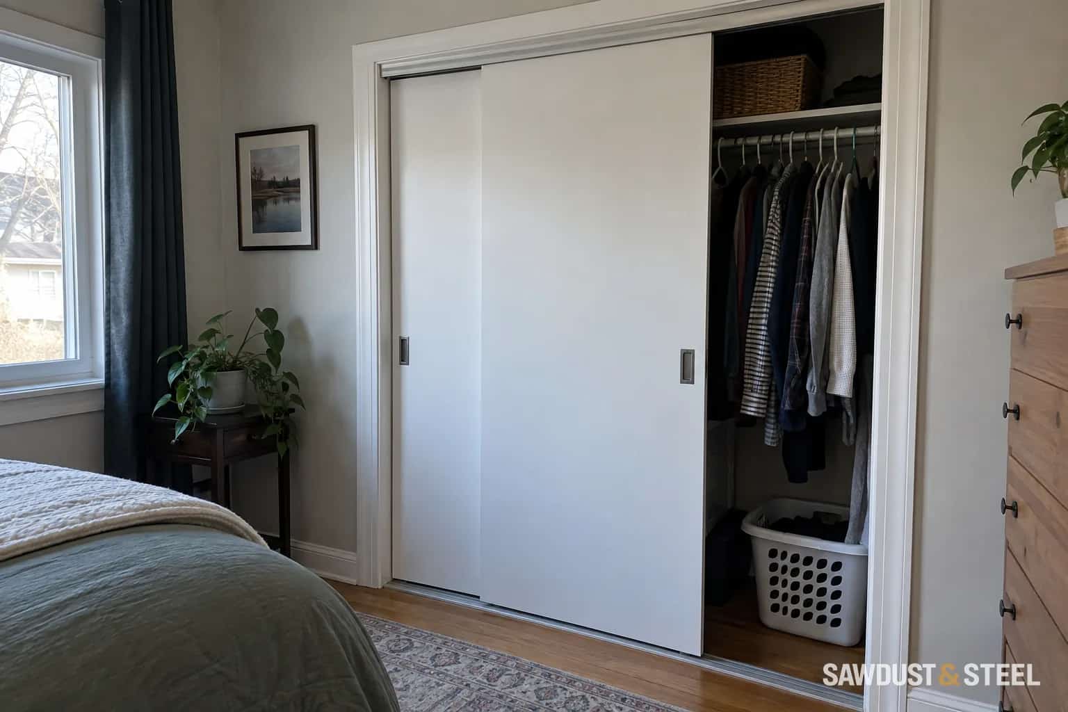Overlapping white sliding closet doors with access to hanging clothes on the right