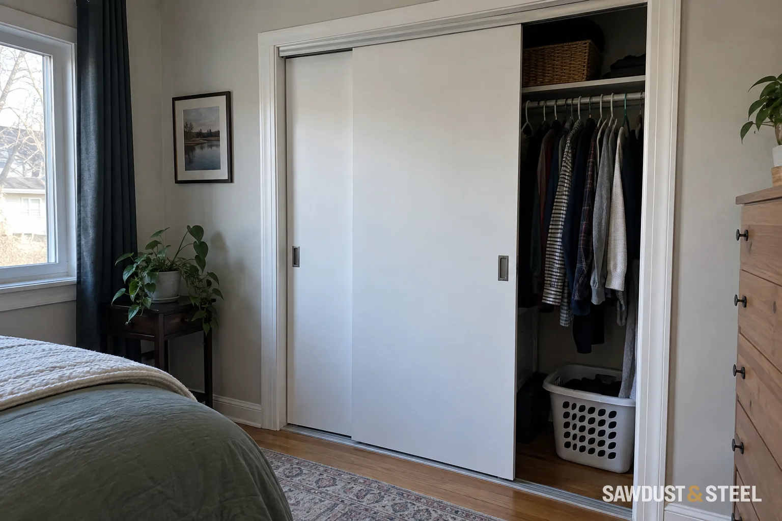 Partly open sliding closet doors revealing hanging clothes and a laundry basket.