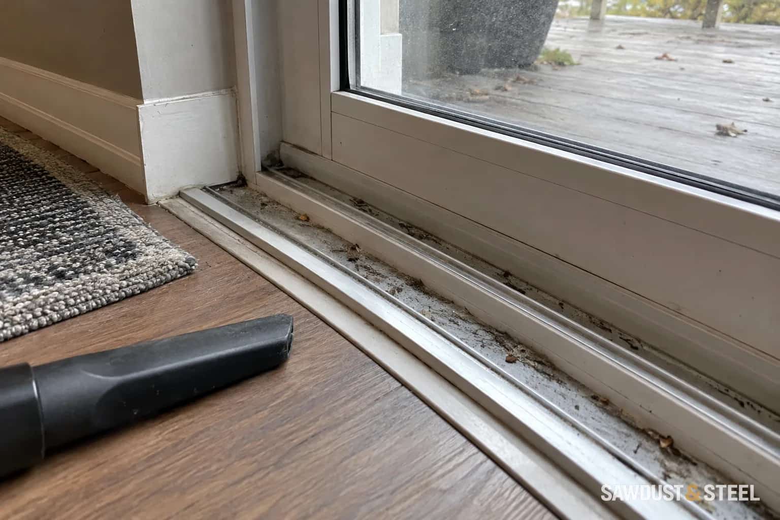 Dust and debris in the bottom track of a patio door