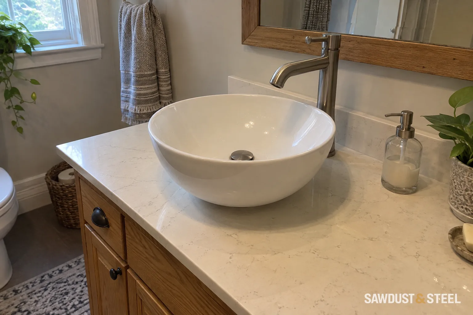 White vessel bowl above a wood vanity with a tall brushed-metal faucet
