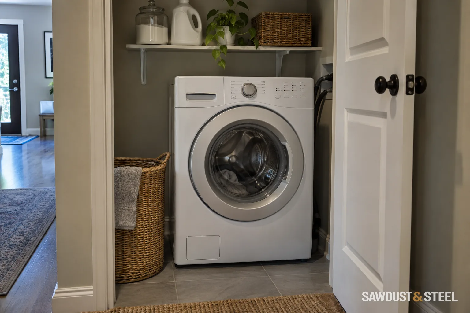 Front-loading washing machine in an open closet with a shelf above and a laundry basket beside it