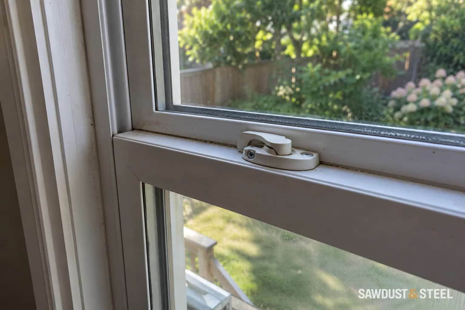 Cam latch and keeper on a closed white vinyl window