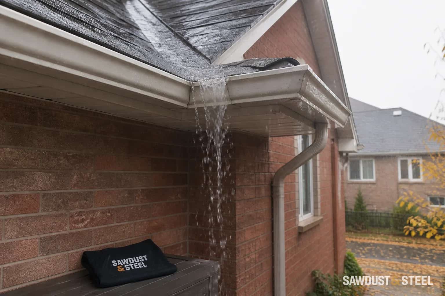 Editorial close view of rain spilling over a clean residential eavestrough below a roof valley