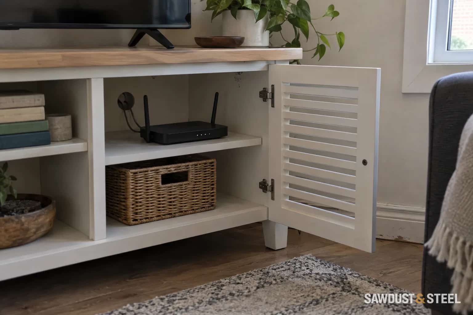 A plain wireless router on an uncrowded shelf inside an open media cabinet