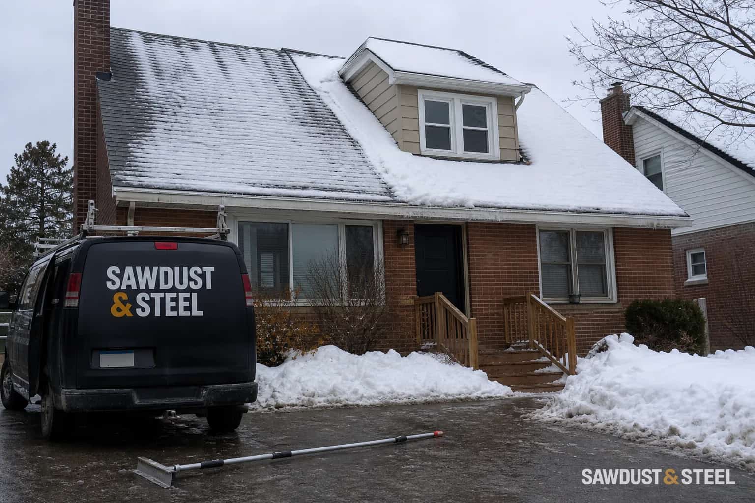 Editorial view of uneven snow accumulation on an ordinary Ontario house roof