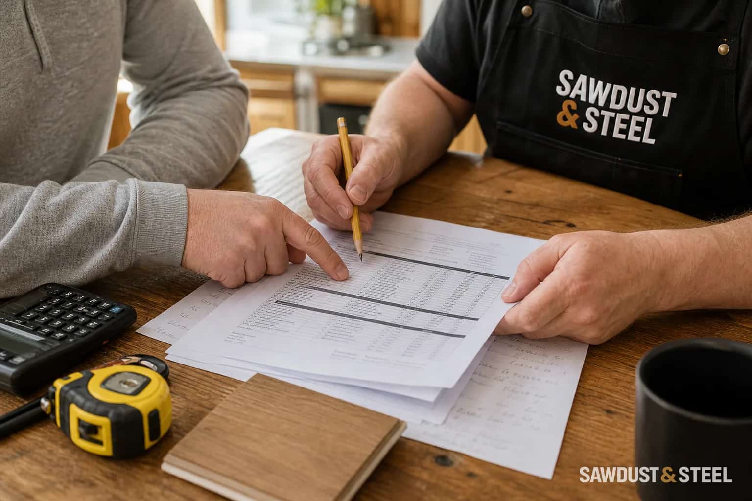 Renovation contract, quote, and measuring tools on a work surface