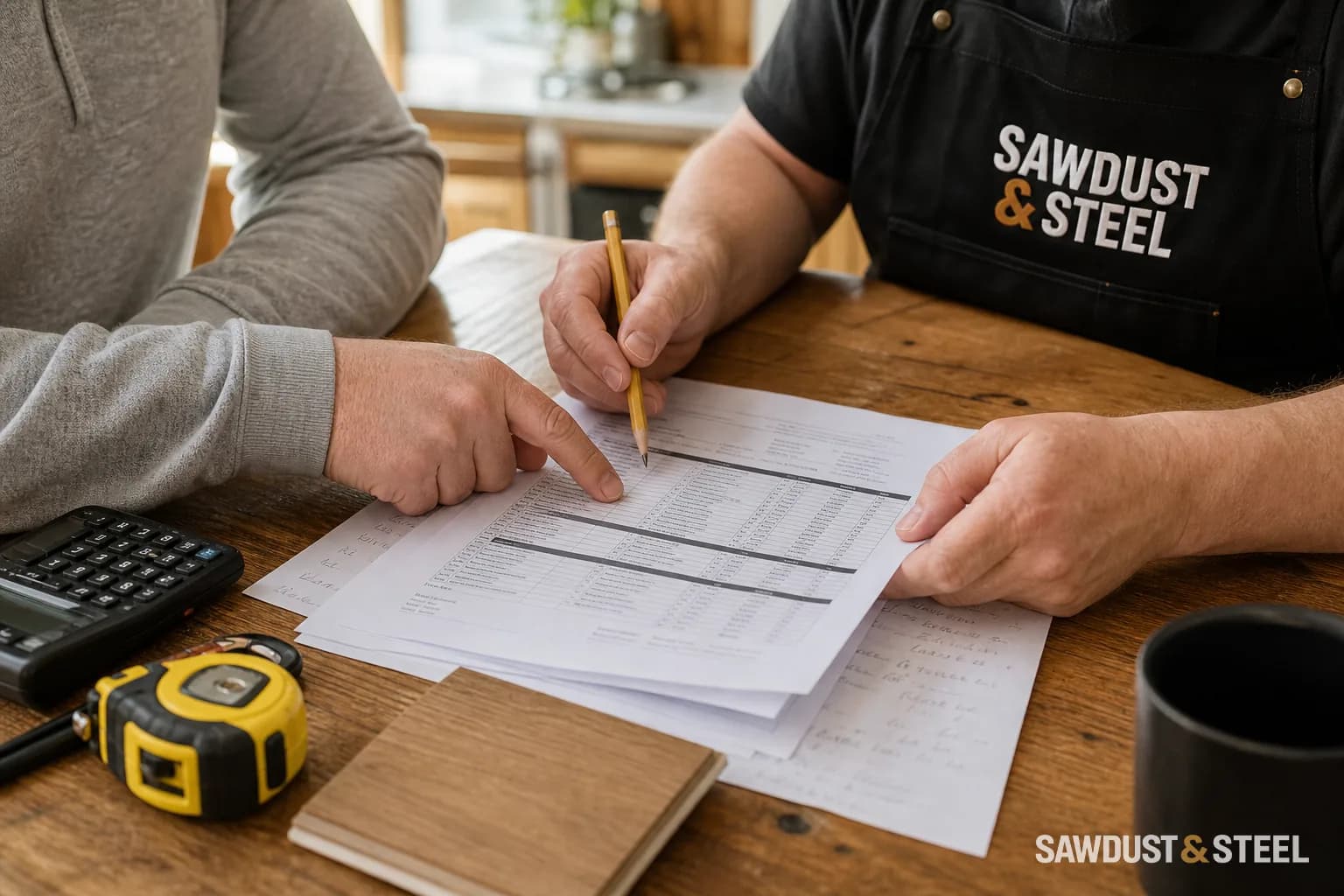 Renovation paperwork and a calculator on a kitchen table